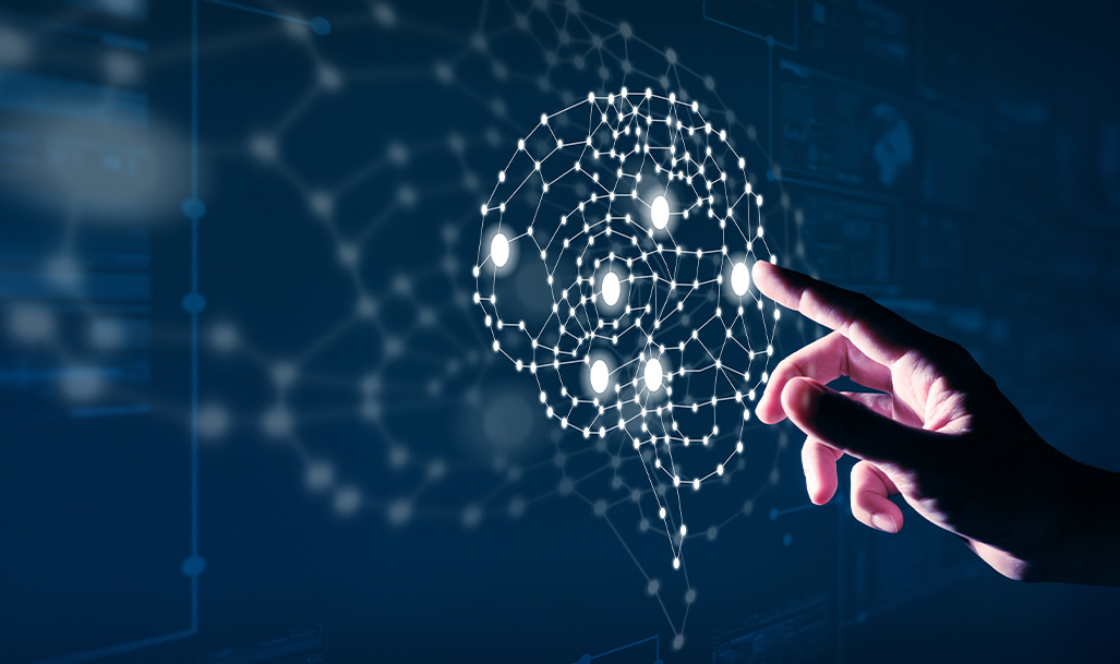 hand touching a screen with AI brain lighting up